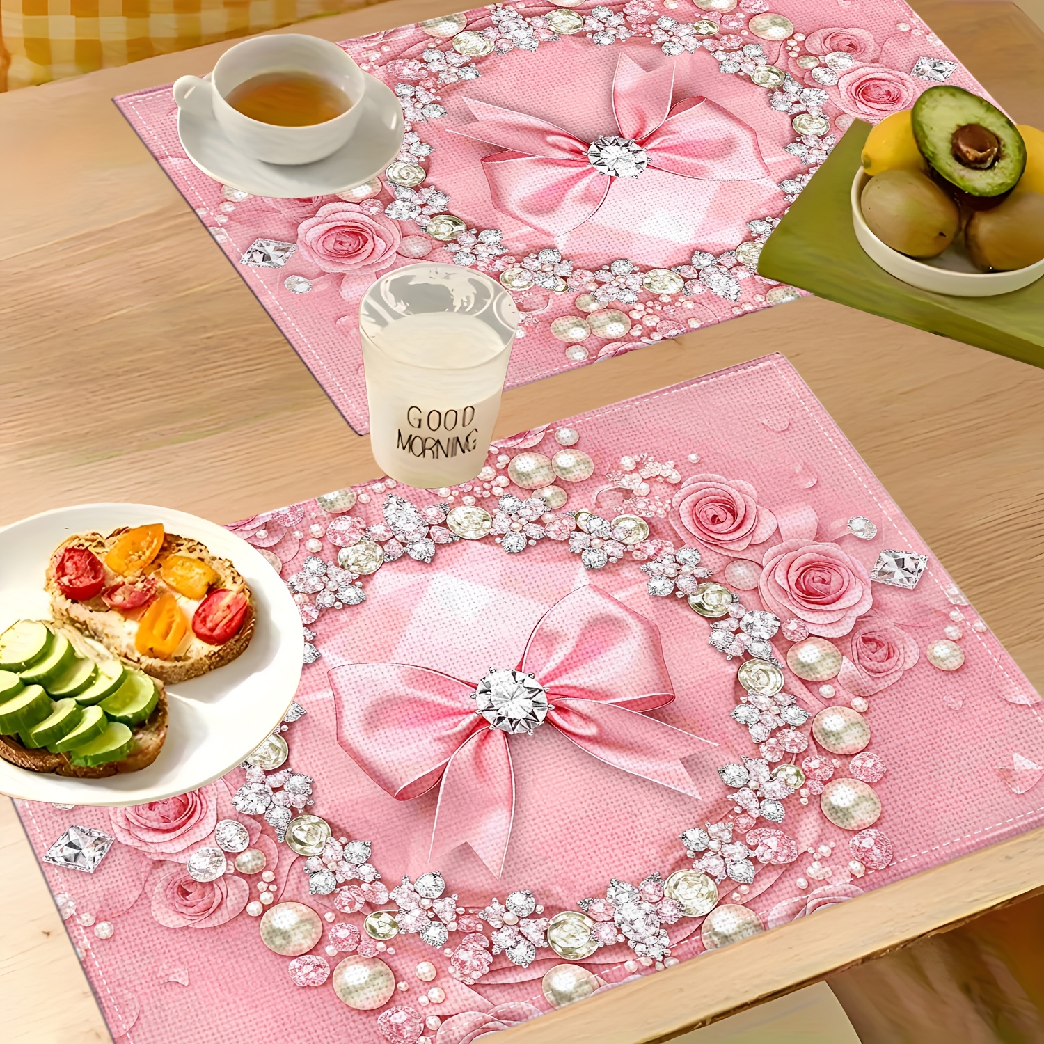 TEMU 1pc Pink Diamond Bow Pattern Printed Themed Square Placemat, Washable Table Mat, Suitable For Kitchen, Dining Room, And , Ideal For Birthday