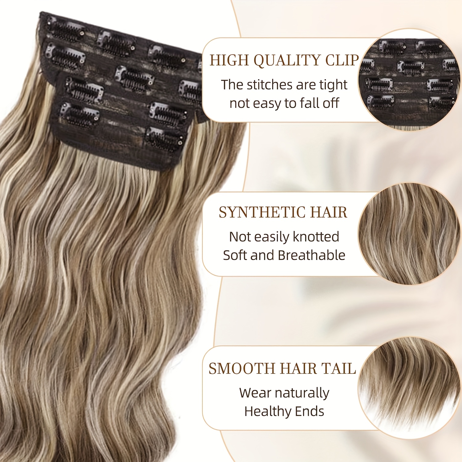 4pcs clip in hair extensions 20 inch long wavy synthetic hair chocolate brown with blonde highlights   resistant clip in extensions for women adds volume dimension   hair types   dimensional hairpieces naturallooking hairpieces   hairpieces beauty enthusiasts details 2