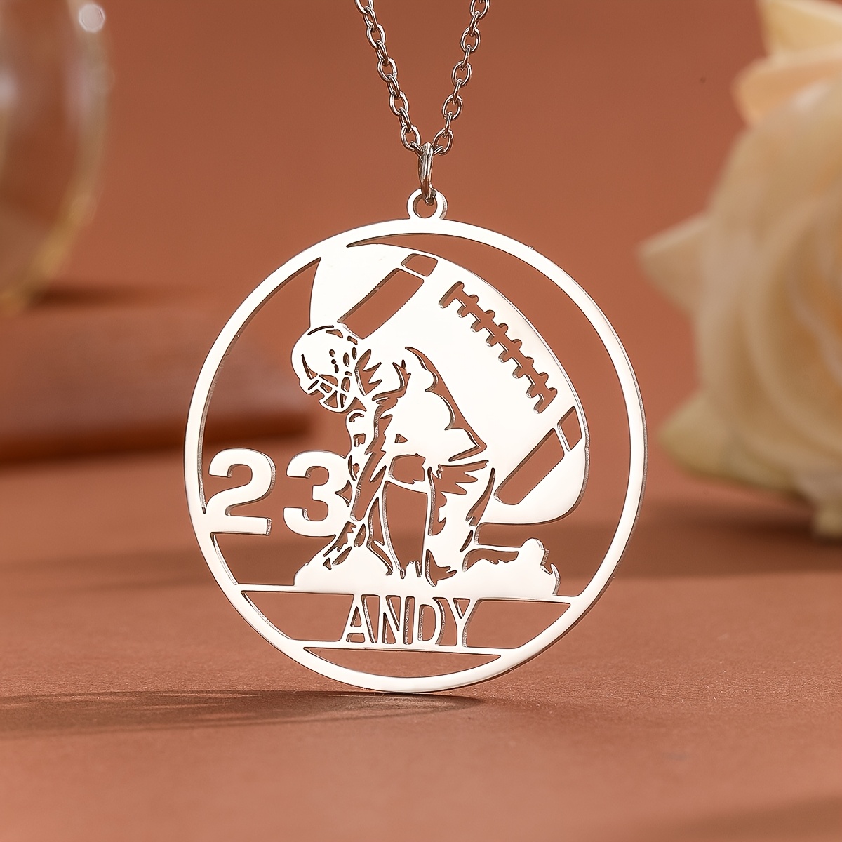 

Personalized Football Jersey Pendant Necklace - Customized With Player's Name And Number, Hollow Round Shape, Commemorative Team Gift For Graduation And Fans