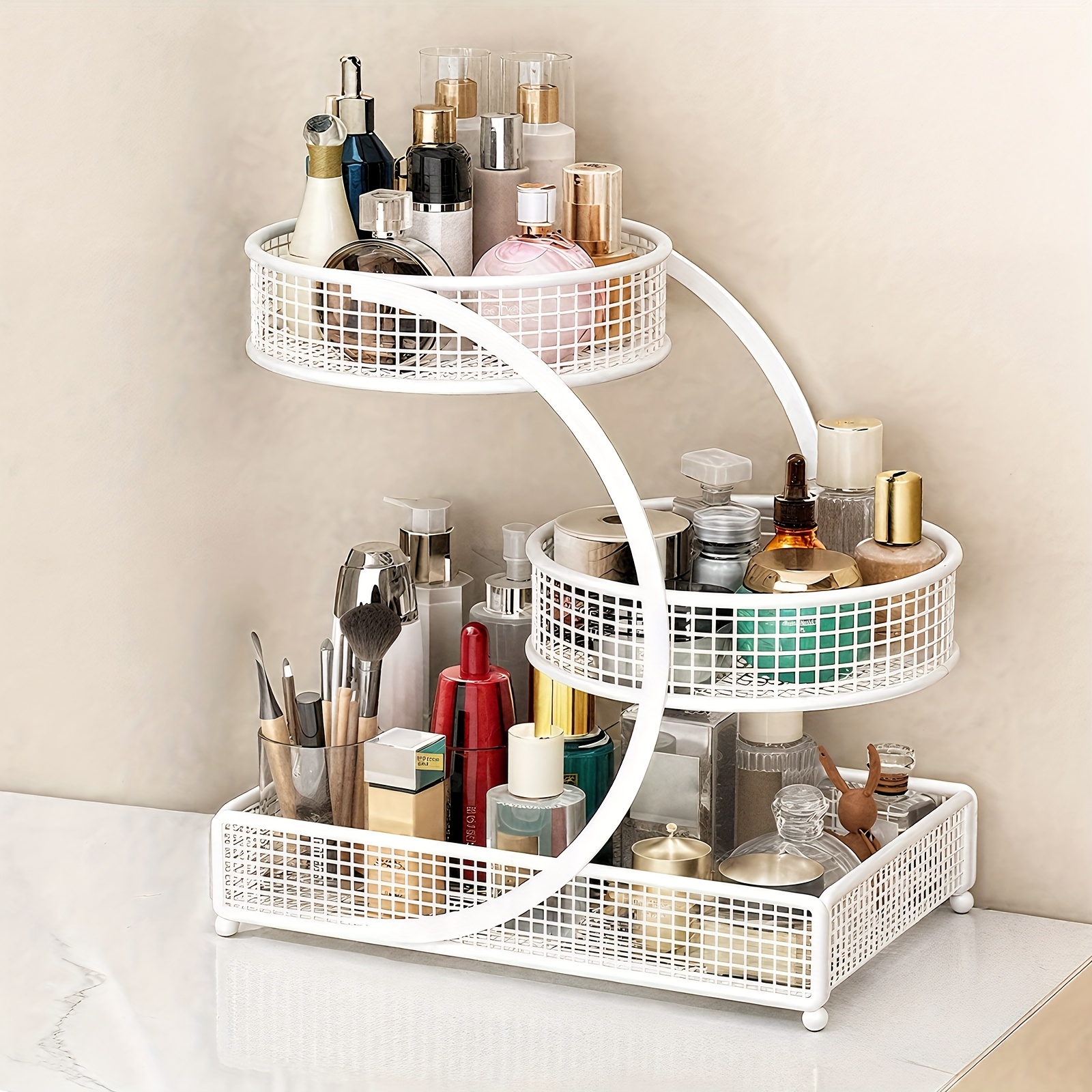 Varnished Metal Cosmetic Organizer, Lightweight No-installation Makeup Storage Rack For Vanity, Bathroom Countertop Shelf For Lipstick And Skincare Products, Vanity Countertop Shelf, Shelves