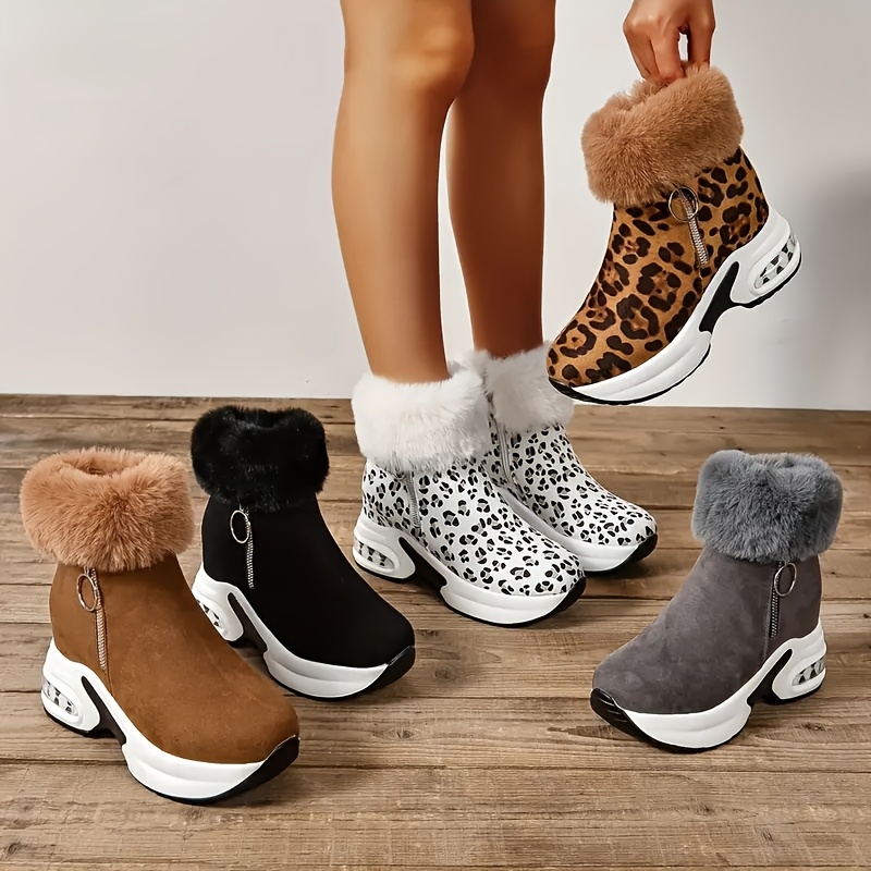 

Women's Cozy Fleece-lined Boots - Warm, Plush Ankle Booties With Chunky Sole & Side Zipper In Leopard, Solid Colors | Flat Heel, Fabric Upper For Comfortable Outdoor Wear