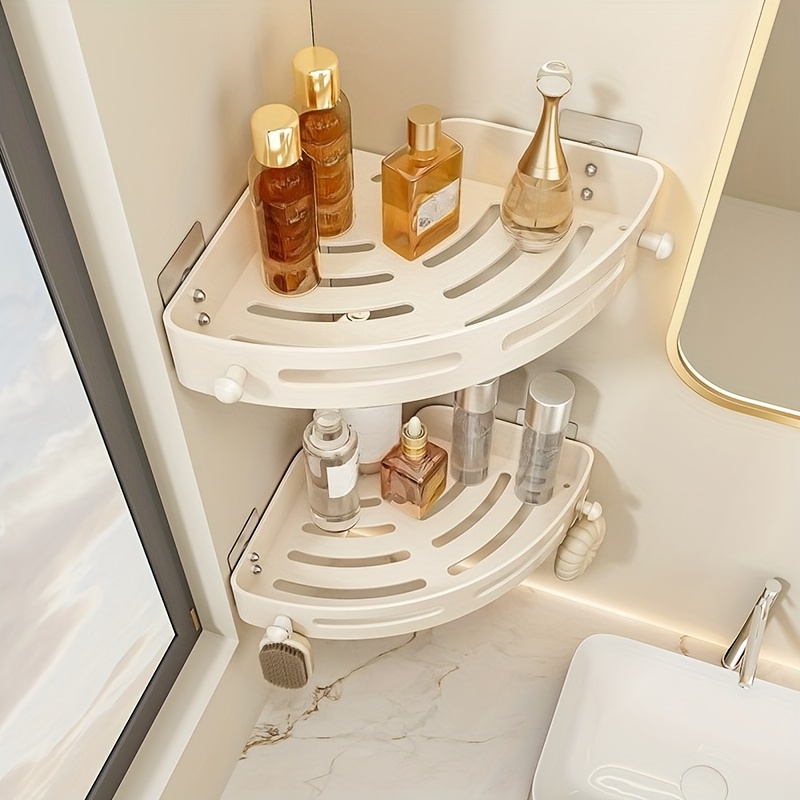 2pcs Plastic Corner Shower Caddy – Wall-mounted Curved Design For Shampoo, Cosmetics, And Hygiene Storage, Space- Rack For Small Bathrooms