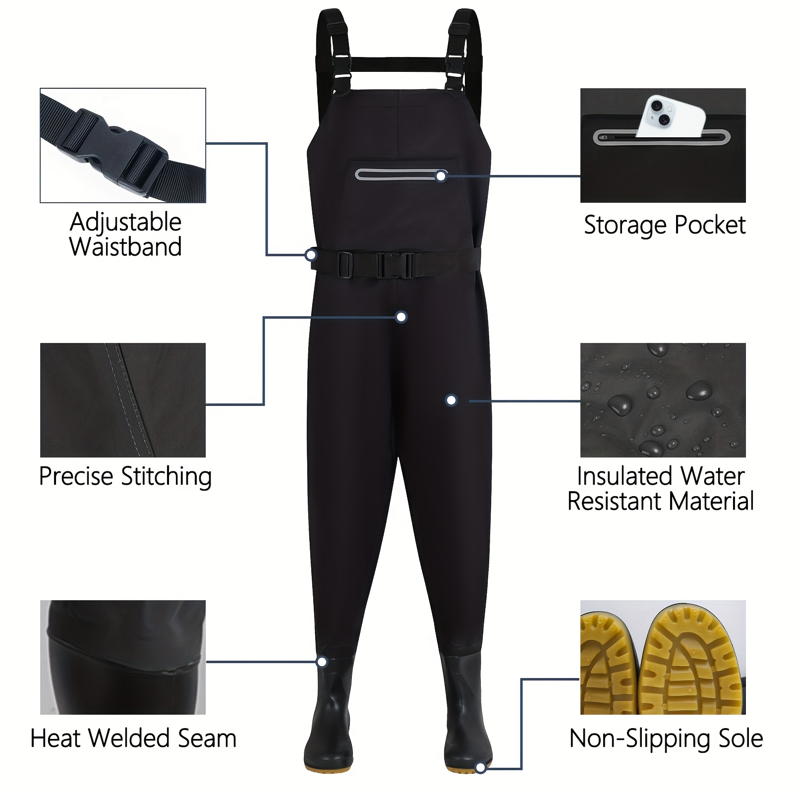 versatile waterproof fishing waders with boots ultra lightweight breathable nylon for men women adjustable suspenders front pocket skid resistant pvc boots dark blue ideal for hunting fly fishing and details 1