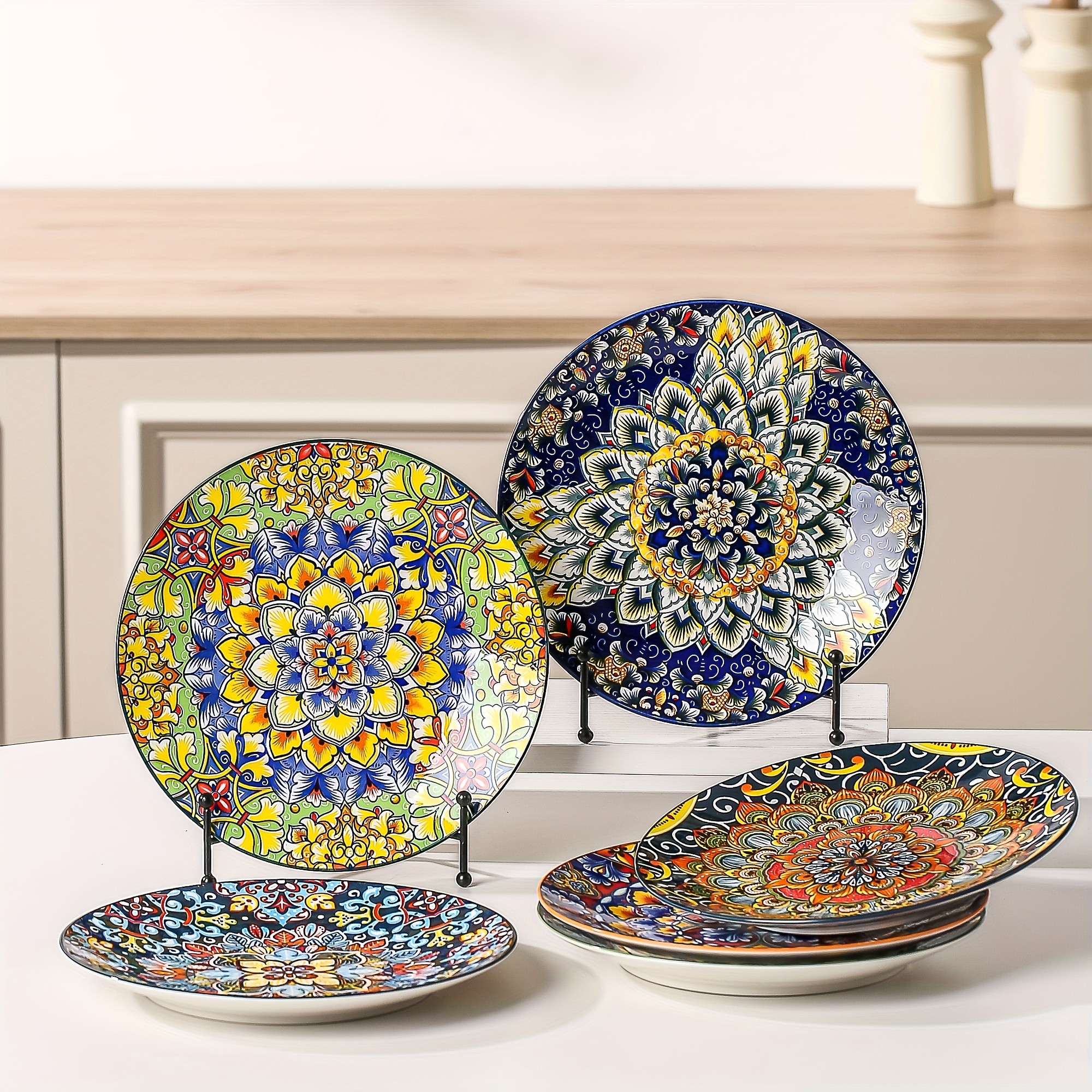 

6-piece Set Of Bohemian Style Ceramic Dessert Plates In 4 Different Colors For 6 People