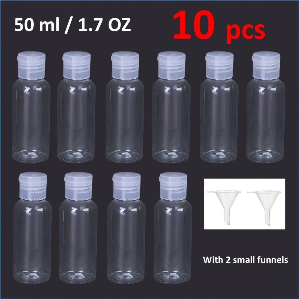 10pcs 30ml/50ml Clear Plastic Empty Bottles, Travel Size Bottles With Flip Cap Small Bottles For Liquids Toiletries Shampoo Lotion Conditioner, With 2 Small Funnels