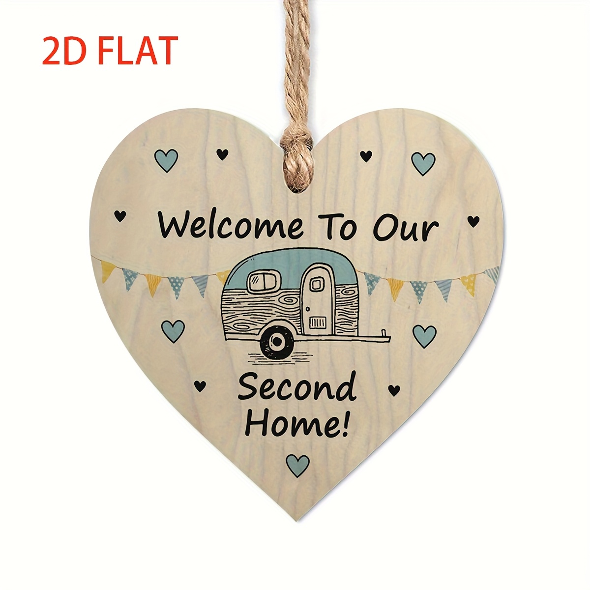 TEMU Decoración de pared colgante de de madera con temática de camping, 2D, 1 pieza - Diseño 2D de autocaravana y corazones vintage artificiales,