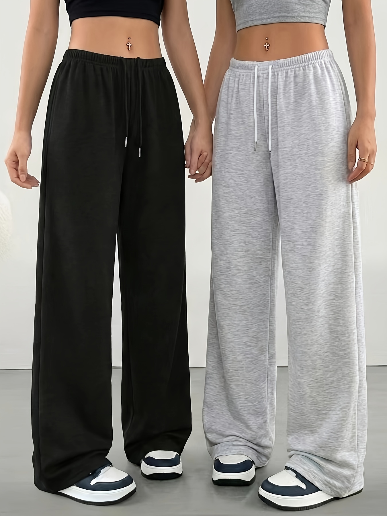 2 szt. Damskie Spodnie z Szerokimi Nogawkami, Elastyczny Pas - Luźny Krój, Średnio Elastyczny Materiał, Możliwość Prania w Pralce, Wiosna/Lato/Jesień, Styl Casual, Do Joggingu, Do Domu