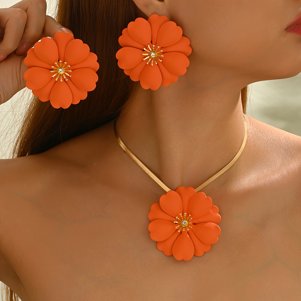 TEMU Ensemble 3 pièces - Collier et boucles d'oreilles élégants de style bohème à grandes fleurs multicouches. Ensemble de bijoux d'été pour femmes.