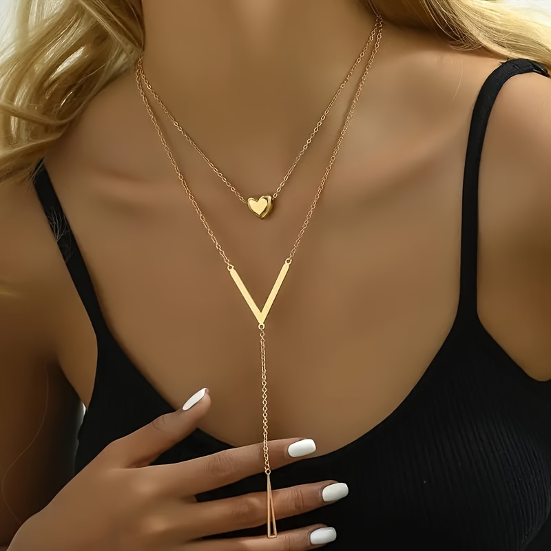 

1 Pc, Elegant Fashion Golden Layered Necklace With Heart And V-shaped Pendants, Vintage-inspired Long Tassel Chain Jewelry, Women's Chic Accessory For Daily Wear