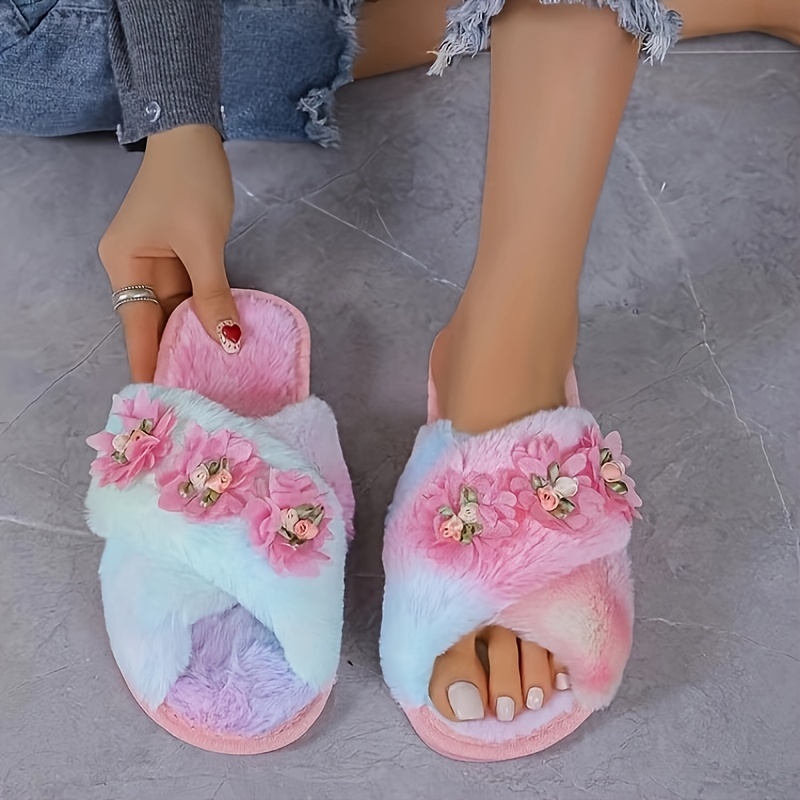 

Comfort Crisscross Straps Floral Fuzzy Slippers, Plush Indoor House Slide-on Shoes, Winter & Autumn