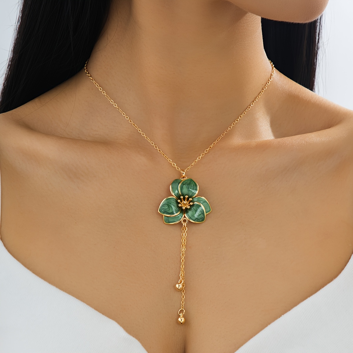 TEMU Collar con colgante de moda para mujer - Elegante y lujoso collar de a con goteo de aceite, verde, de capa, con colgante de línea de borla de