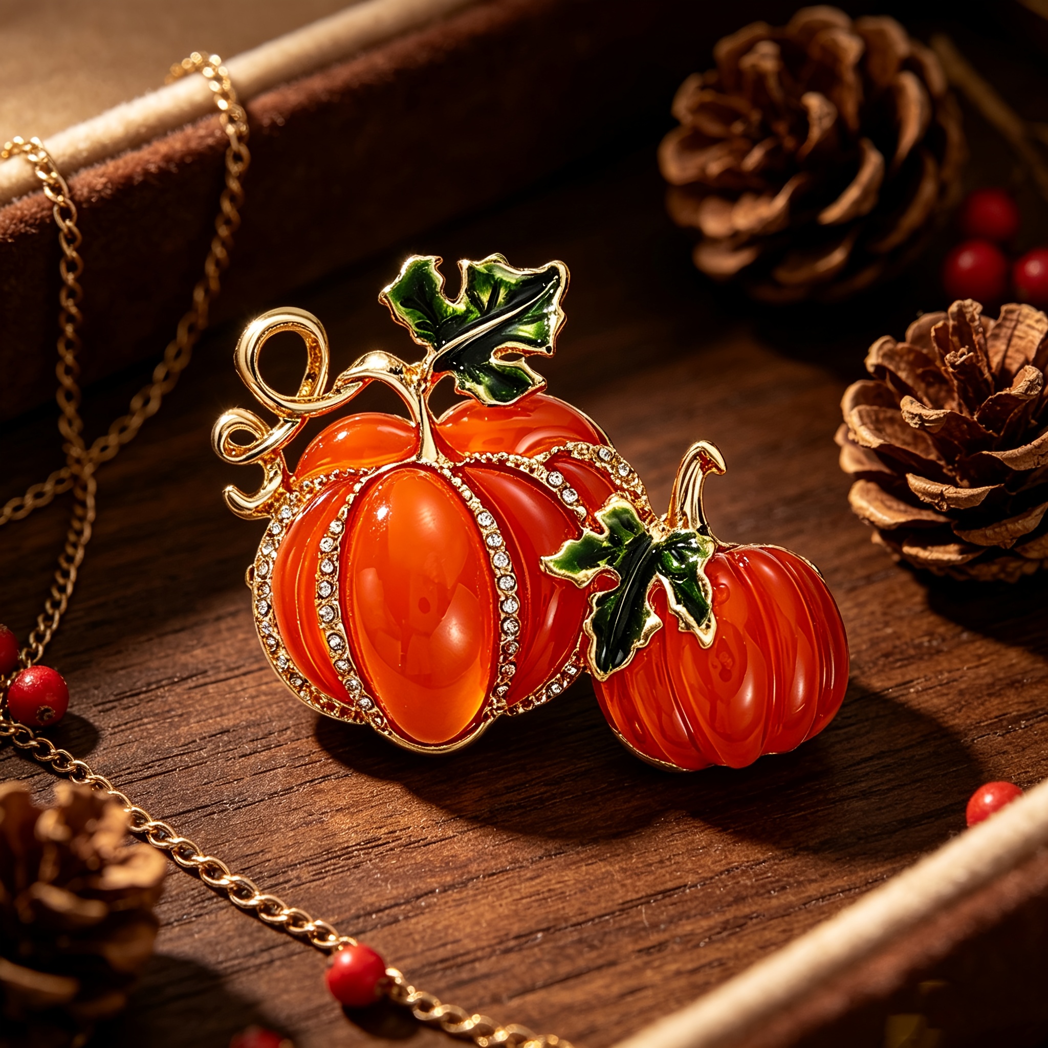 TEMU 1pc 1pcs-piece European Special Vintage Rhinestone Brooch - Vine Green Leaf & Double Pumpkin Autumn Suitable For Suit Shawl Hat Decoration,