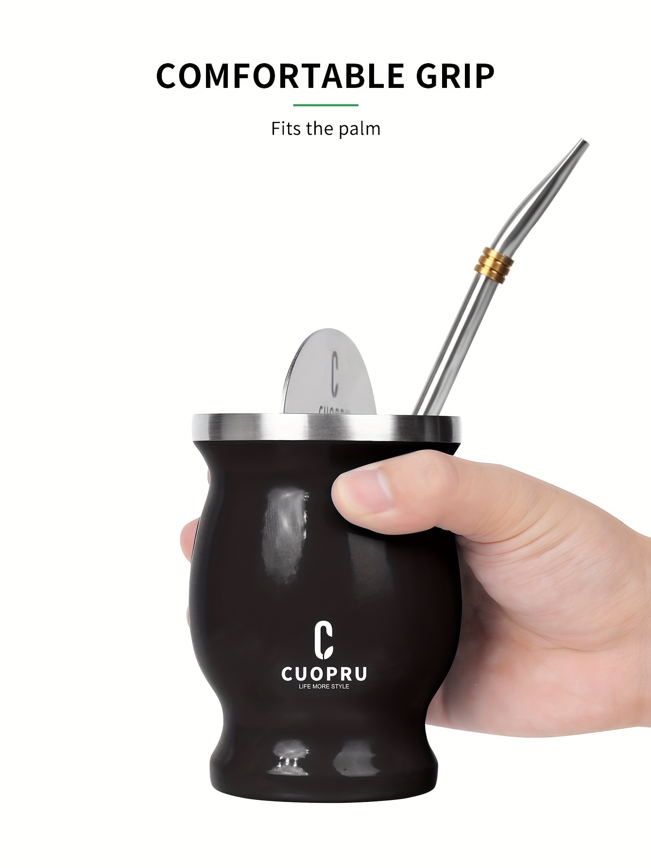 1pc, Yerba Mate Cup Set (Authentic Traditional Mate Cup - 8 Ounces), 8Oz Comes with Yerba Mate Straw, Cleaning Brush, Yerba Mate Divider & Tea Picker, Stainless Steel Double Wall Gourd Yerba Mate Cup Ideal for Both for cold And Hot Beverages