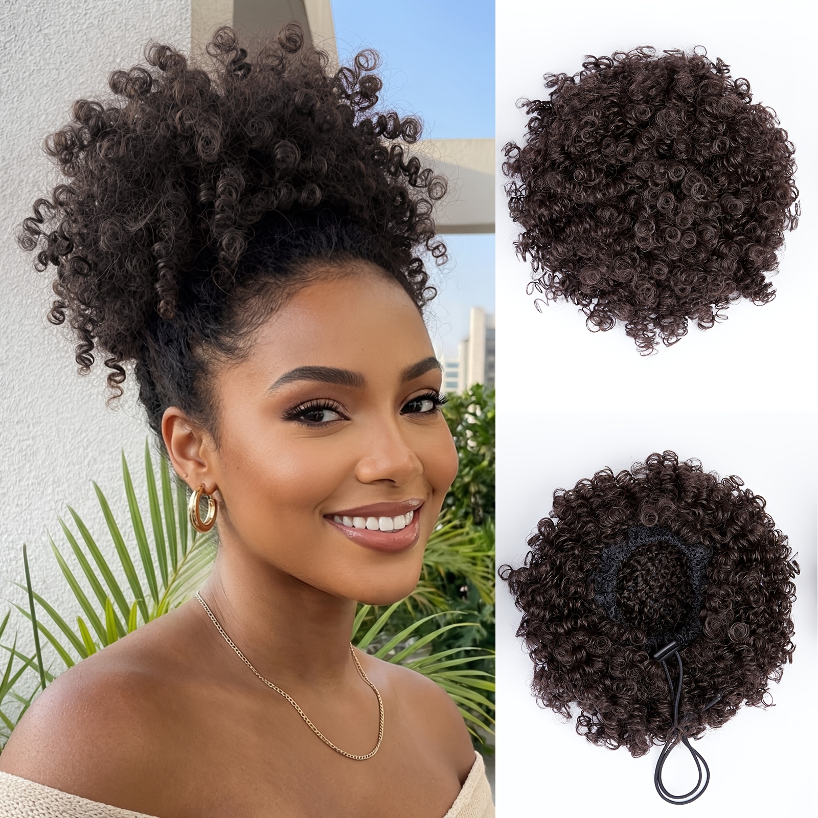 TEMU Premium 44-gram Short Synthetic Afro Puff Ponytail Extension Designed For, Featuring A Clip-on Kinky Drawstring Curly Bun For