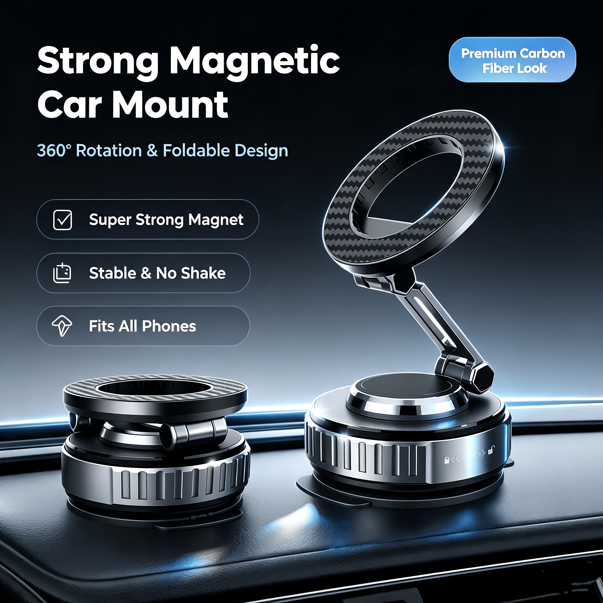 TEMU Strong Suction Magnetic Car Phone Holder, 360 Degree Adjustable Foldable Vacuum Mount, Universal For Iphone And