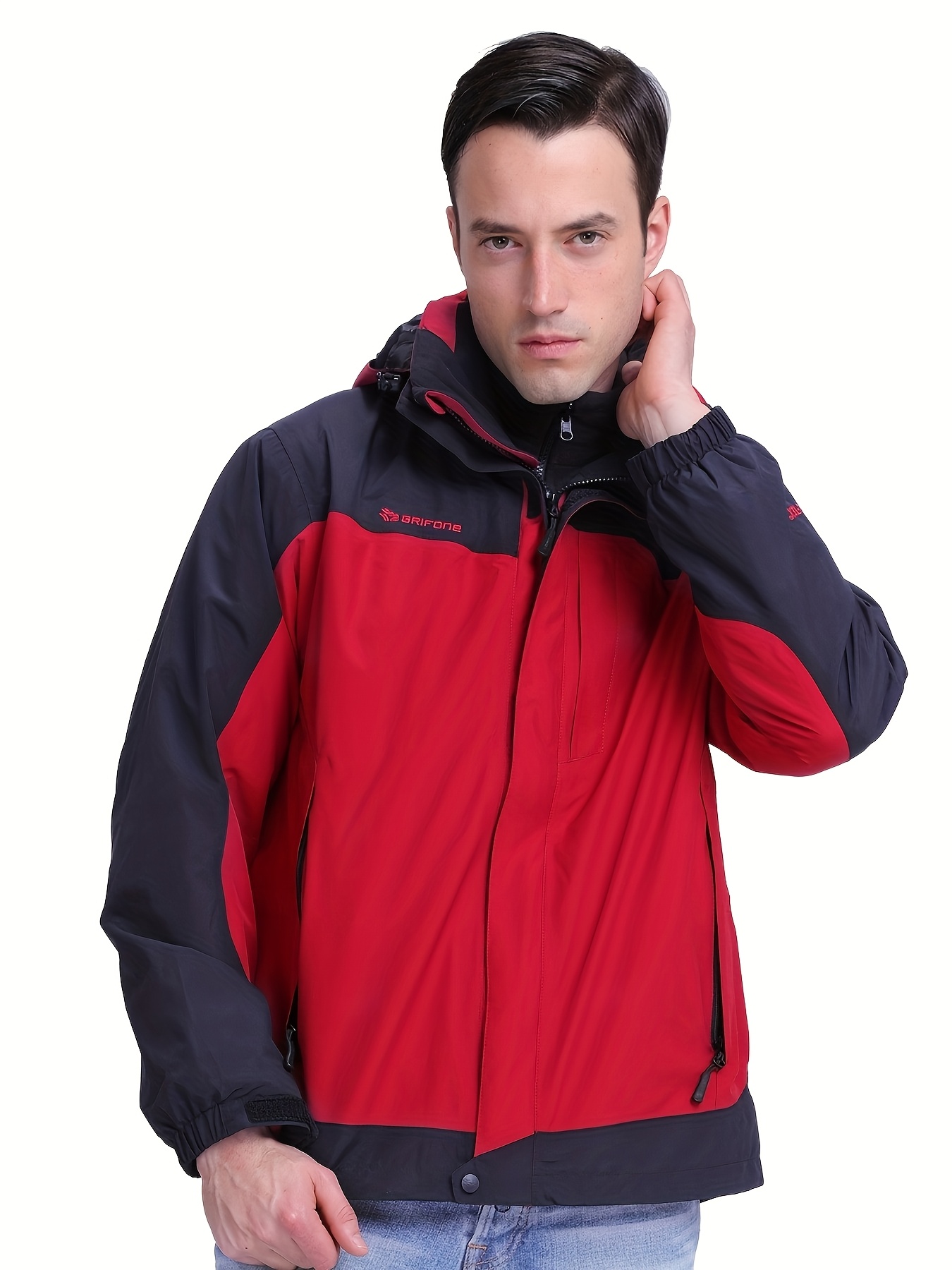 mens 3 in 1   jacket windproof hooded outdoor coat with zippered pockets for hiking trekking   red     winter outerwear sporty jacket coat hiking gear