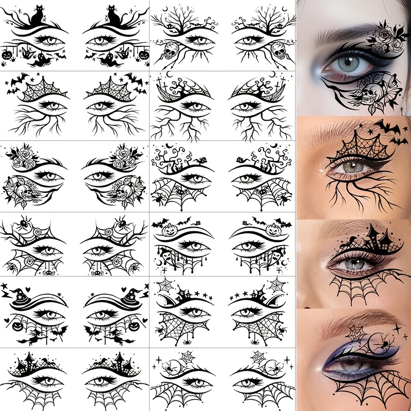 TEMU 12 Vellen Halloween Gezichtstattoo's Oog Ooglid Oogschaduw Eyeliner Tattoosticker, Enge Realistische Spin Bloedvat Spinnenweb Vleermuis Nep