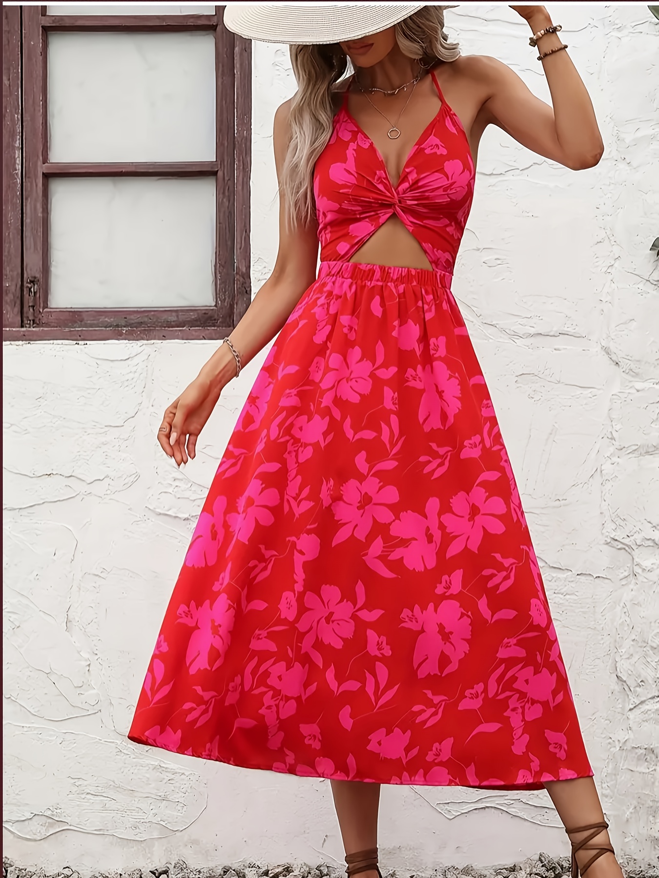 womens red floral print halter neck backless dress long - Temu Spain
