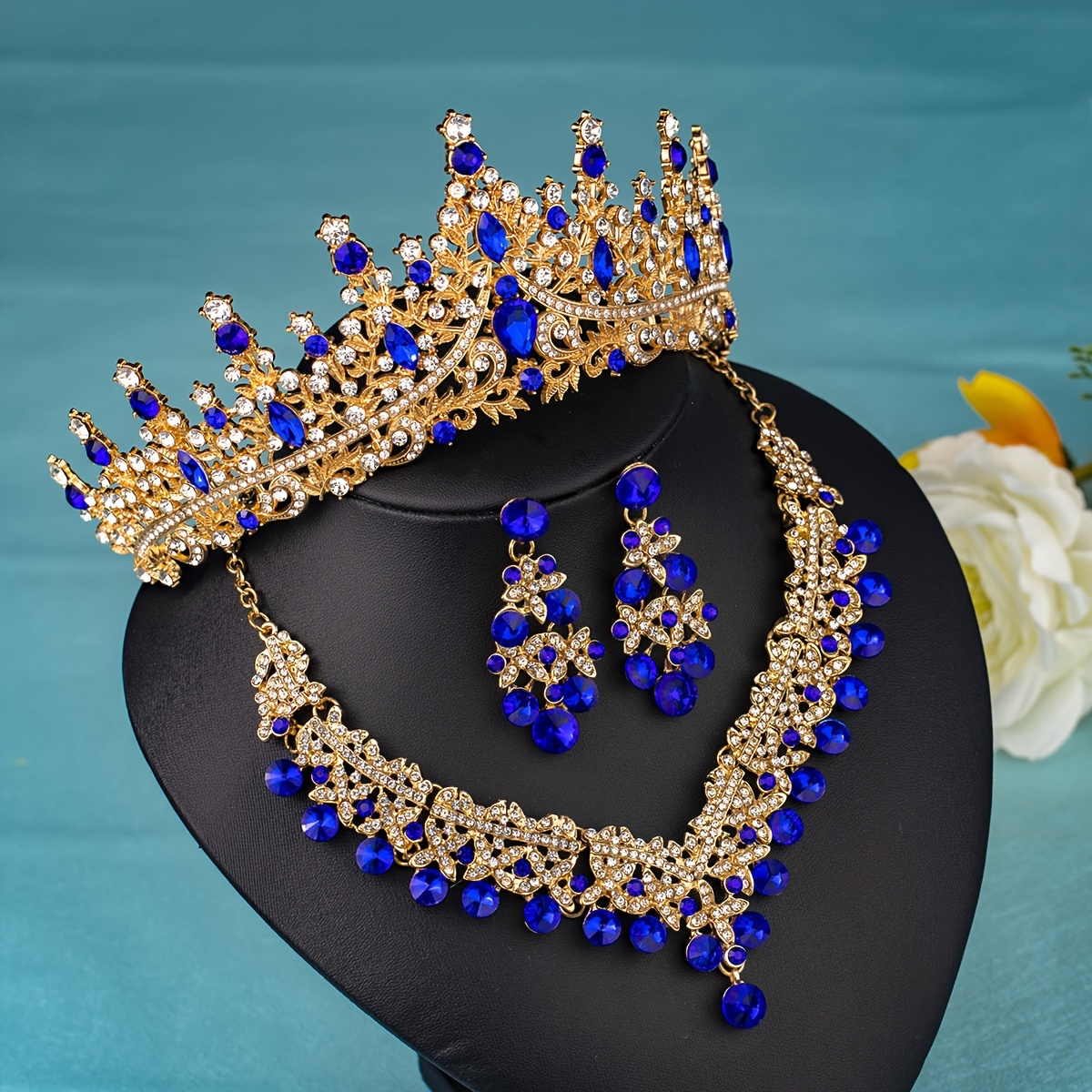 Elegant Rhinestone Crown Jewelry Set with Necklace and Earrings, Classic Zinc Alloy Bridal Tiara for Wedding, Party, Stage Performance, All-Season Accessory