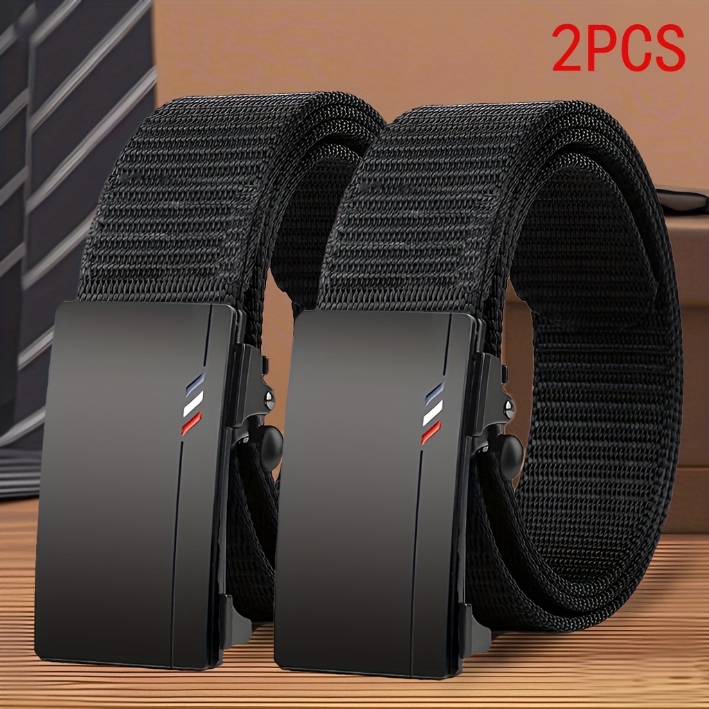 Image of 2pcs Men's Black Canvas Belts With Alloy Automatic - Geometric Embossed Adventure Design, Durable Outdoor Hiking Belts For Casual Denim Jeans, Standard Size, Hiking Accessories, Sturdy Construction