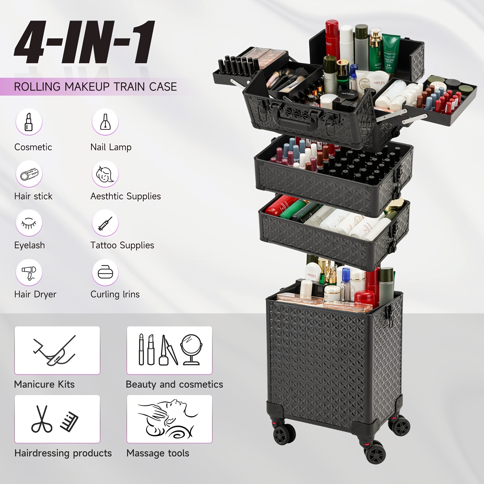 Makeup Box On Wheels, 4-in-1 Large Cosmetic Storage Box