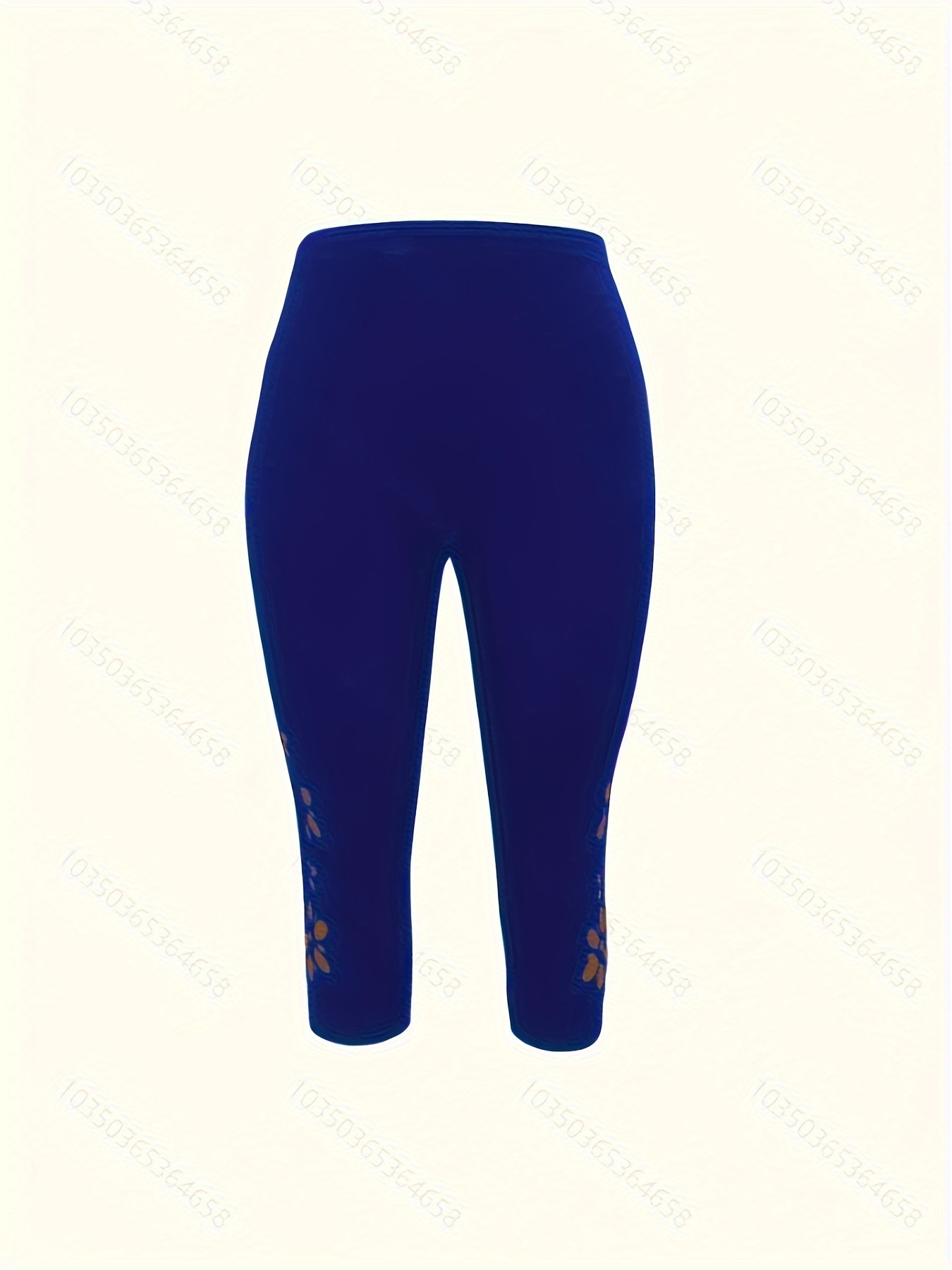 Plus Size Side Floral Print Capri Leggings, Casual High Waist Stretchy Leggings For Spring & Summer, Women's Plus Size Clothing