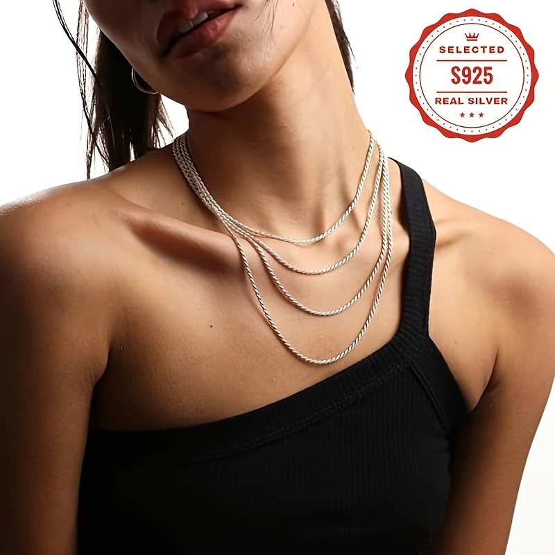 

925 Sterling Silver Chain Necklace - Simple & Hip Hop Style Kink Rope Chain, 4mm Sparkly Men's&women's Necklaces, Costume Jewelry Accessories As Holiday Birthday Gifts