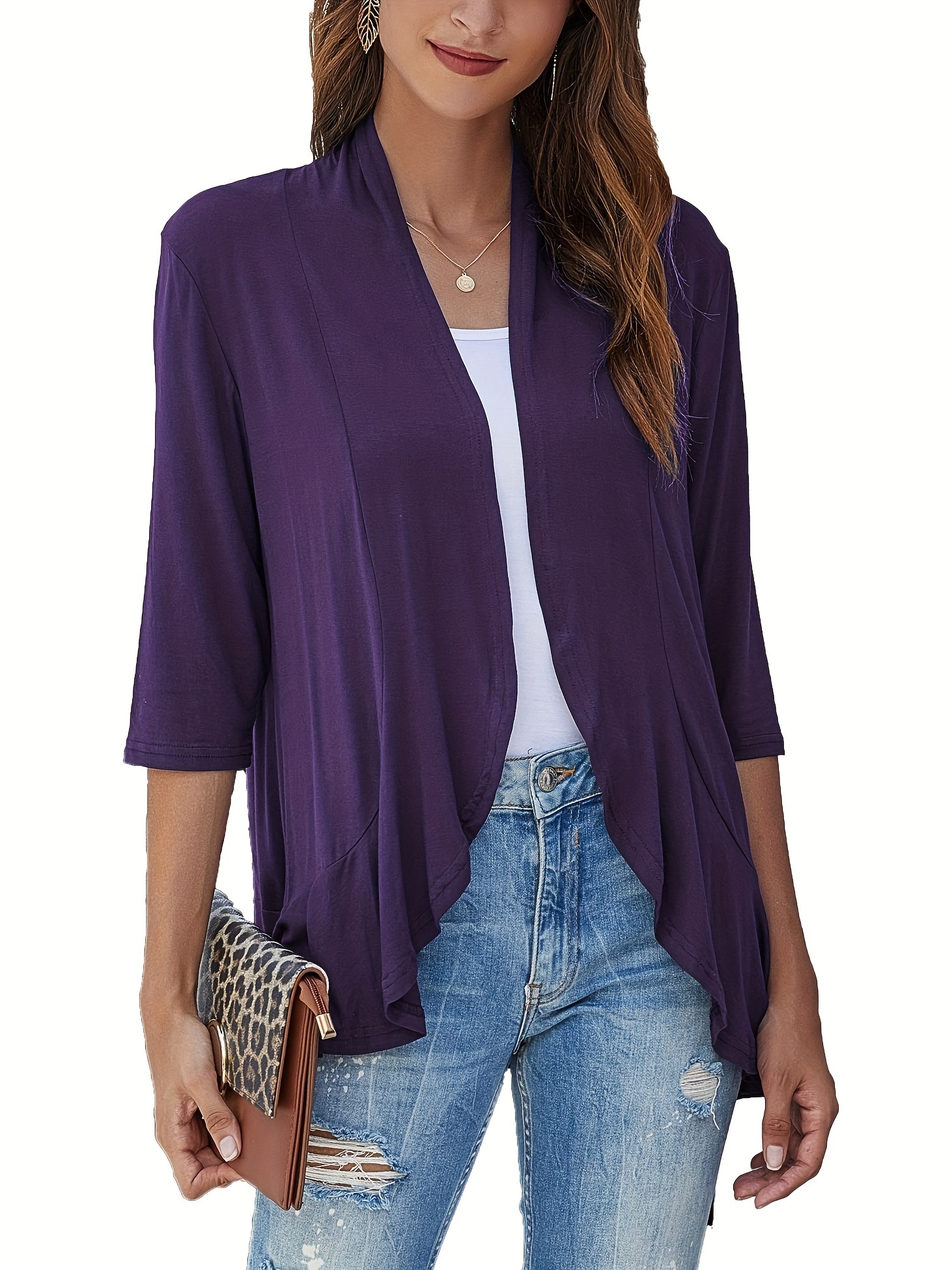 Women's Draped Ruffle Cardigan - Lightweight 3/4 Sleeve Knit Sweater For Casual Wear