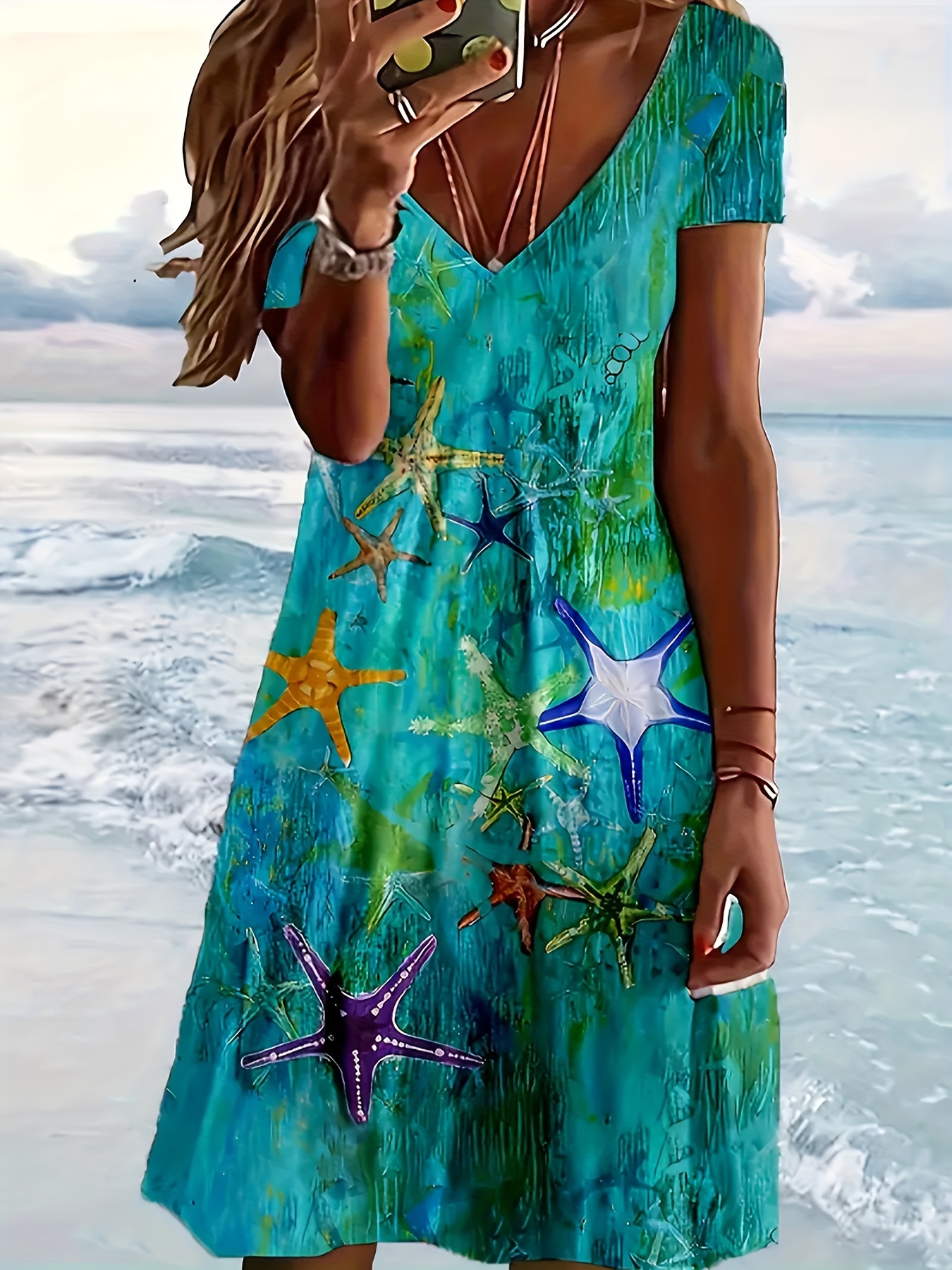 Plus Size, Women's Beach Vacation Dress Lightweight Flowy V-Neck Maxi  Turquoise Multicolor Print Machine Washable Summer Outfit for