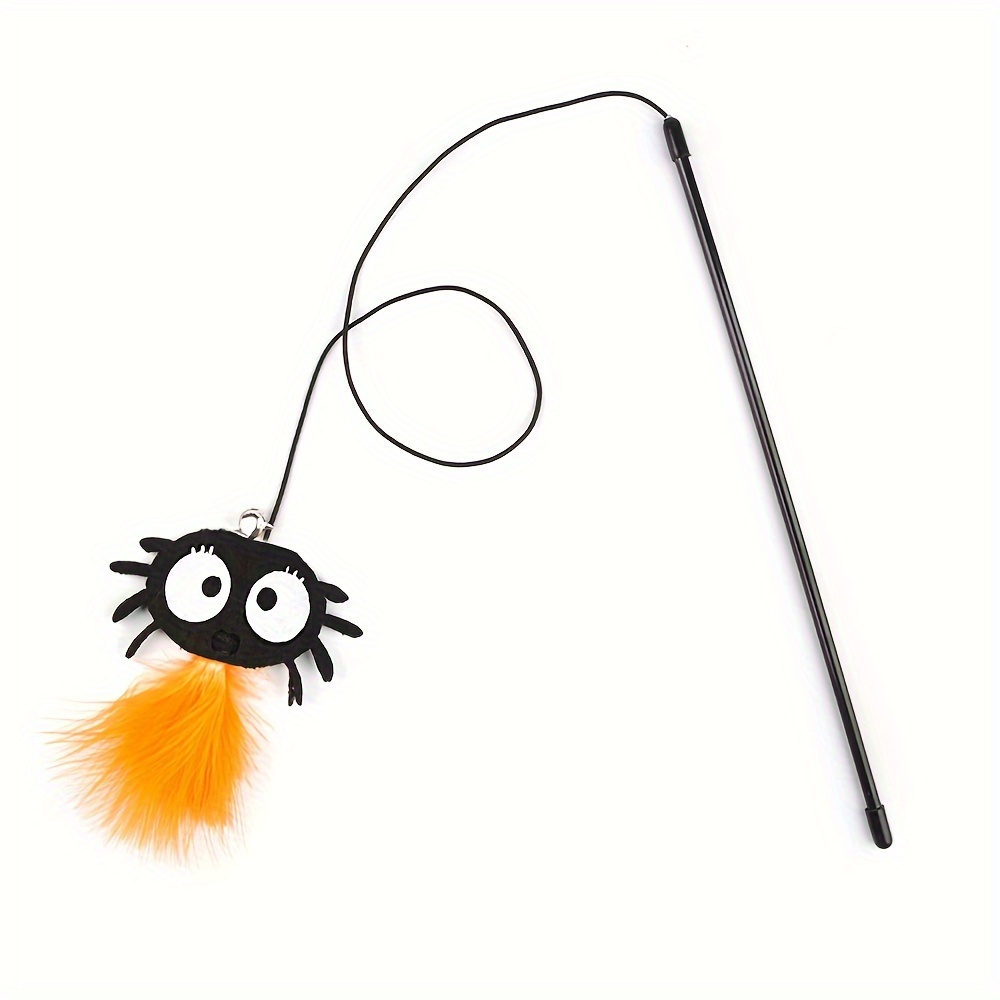 1pc Halloween Design Cat Teaser Toy - Pumpkin Bat Artificial Feather Shaped Cat Interactive Teaser Stick/made Of Plastic Rod/elastic Rope/artificial Feather, Without Battery