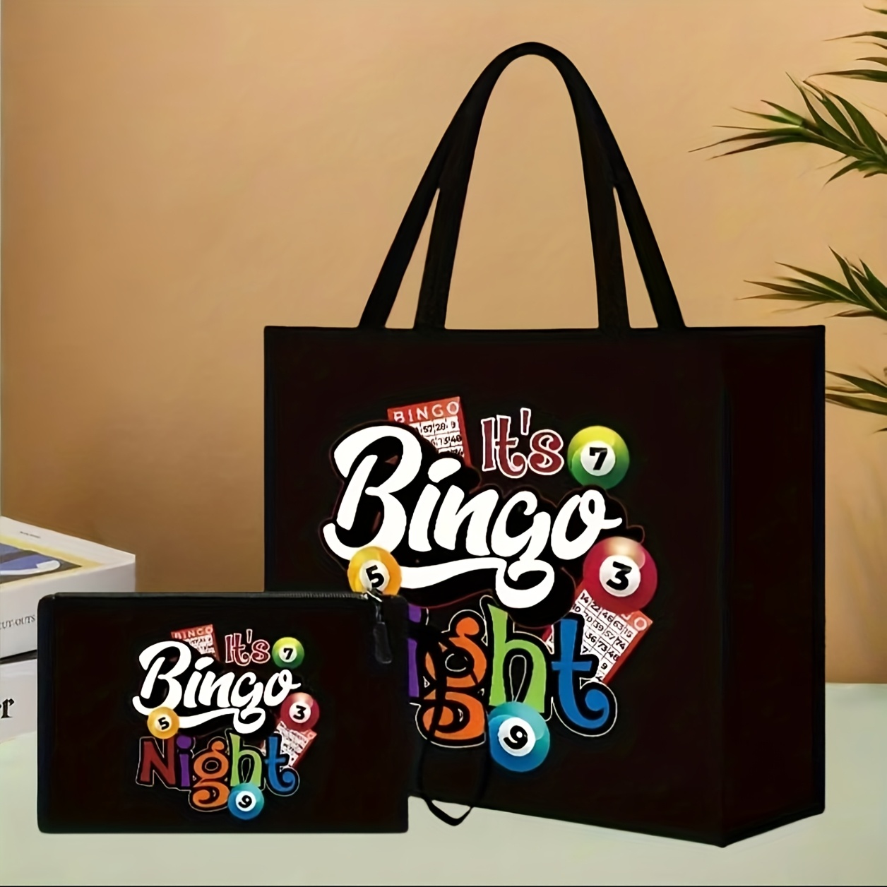 TEMU Ladies' Bingo Tote Bag And Wallet Set, Large Capacity Stylish Beach Bag. Simple And Versatile Tote Bag, Lightweight Travel Organizer, Shopping