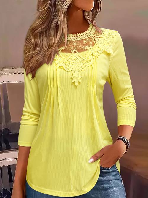 womens elegant long sleeve blouse vibrant yellow lace trim round neck top semi sheer washable casual formal wear spring semitransparent fabric spring style breathable top stylish top trendy women