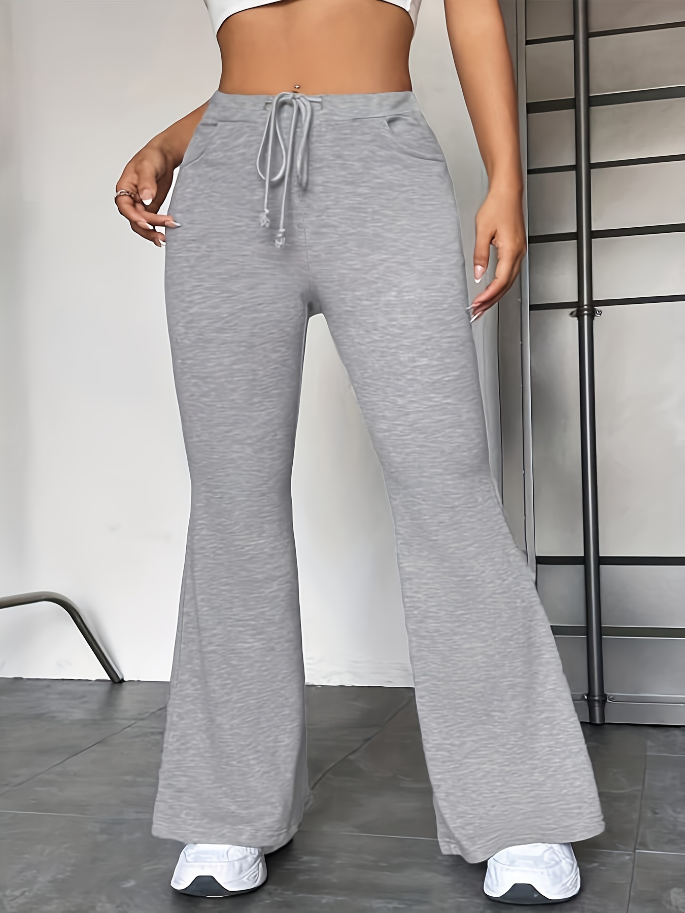 Solid Slim Flare Leg Sweatpants, Casual Drawstring Pocket Pants, Women's  Clothing