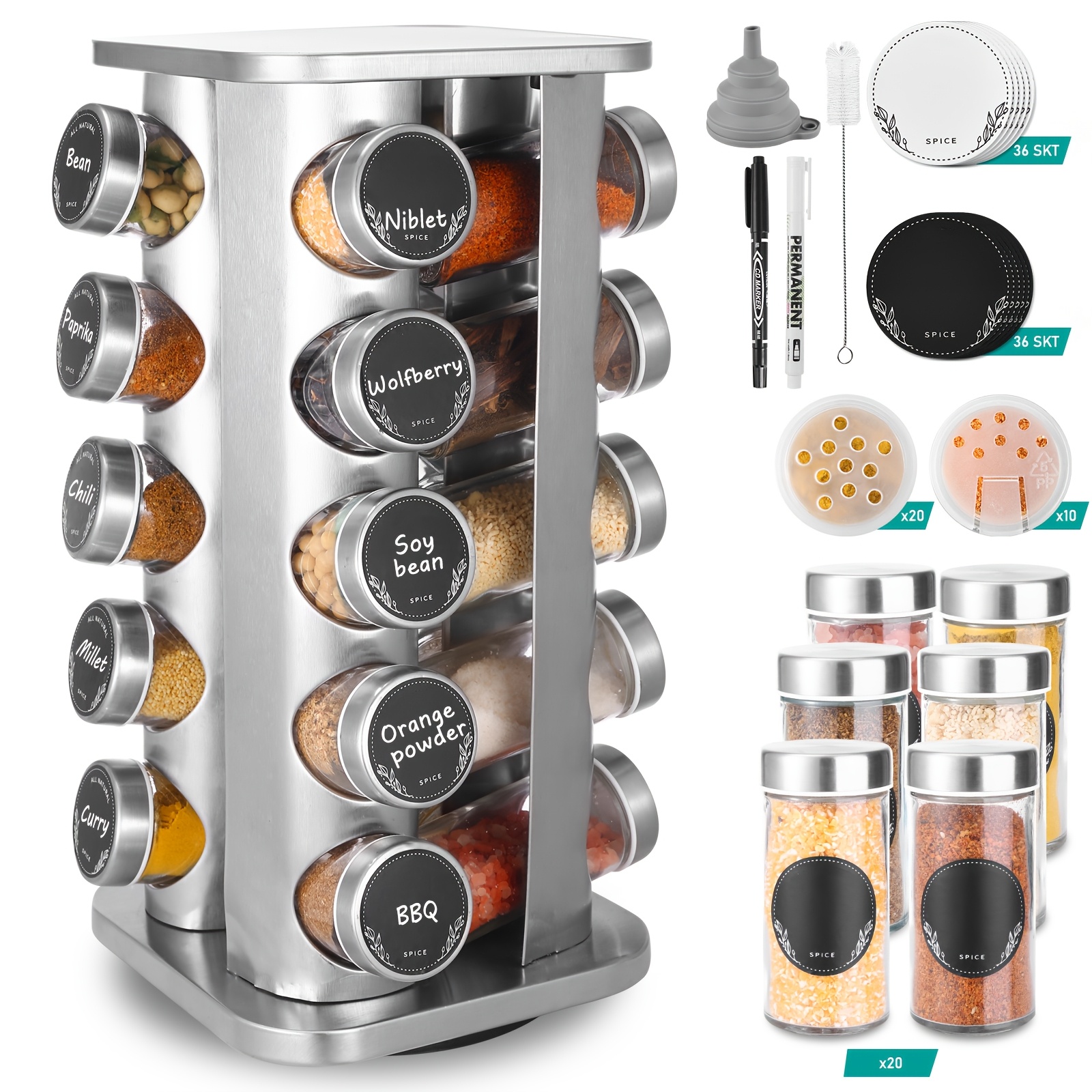 TEMU Spice Rack, Countertop Multi-functional Rotating Spice Rack, With 20 Glass Spice Jars And Lids, Large Capacity Multi-row Durable Spice Jar