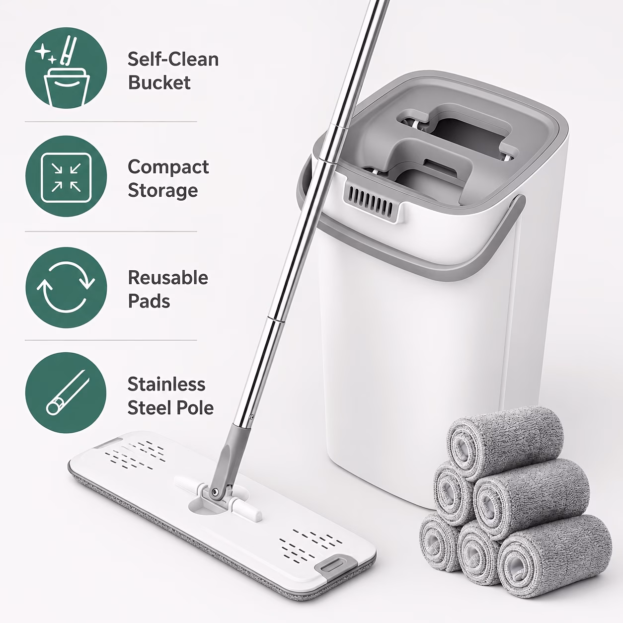 Self-Cleaning Flat Mop And Bucket Set with 6 Washa...