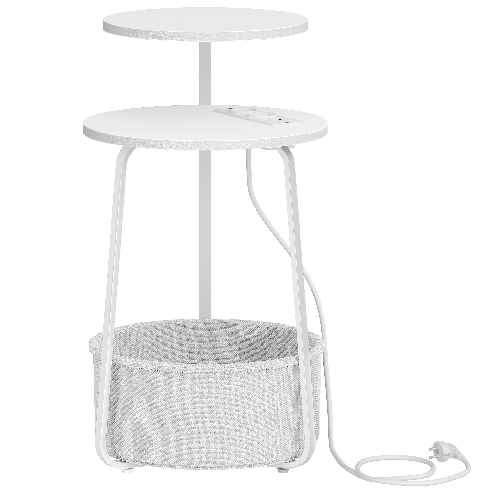 Image of 2-tier Round Side Table With Cloth Basket | White, Hardwood And Particle Board, Plug Powered, Suitable For Living Room And Bedroom, By Hzuaneri