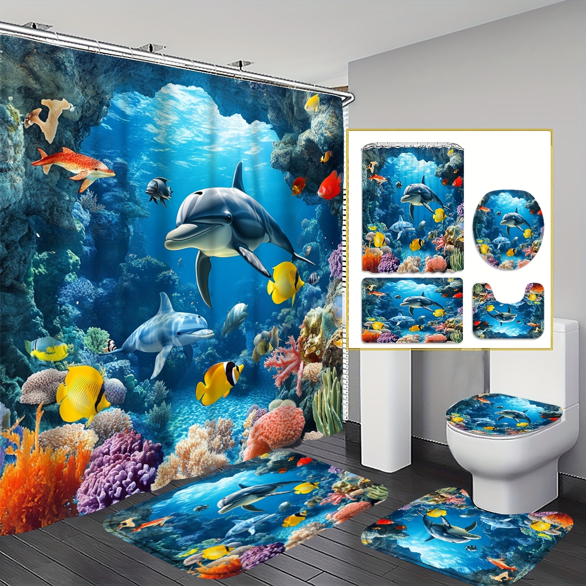TEMU 4pcs 2d Flat Tropical Dolphin Shower Curtain Set, Underwater Paradise Bathroom Decor, Accessories With Bath Mat, U-shaped Mat, Toilet Lid Cover,