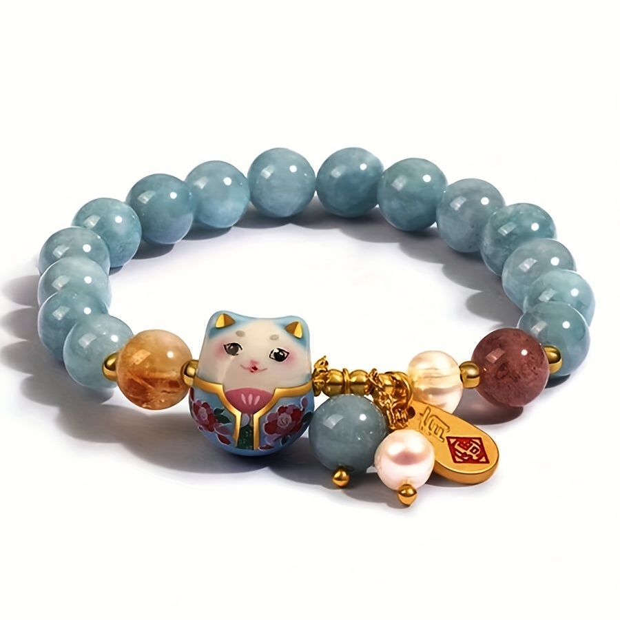 

1 Pc, Lovely Cat Charm Bracelet, Match Blue Crystal & Ceramic Pendant, Round Beaded Women's Wristband, Adorable Cartoon Style, Vacation Fashion Accessory