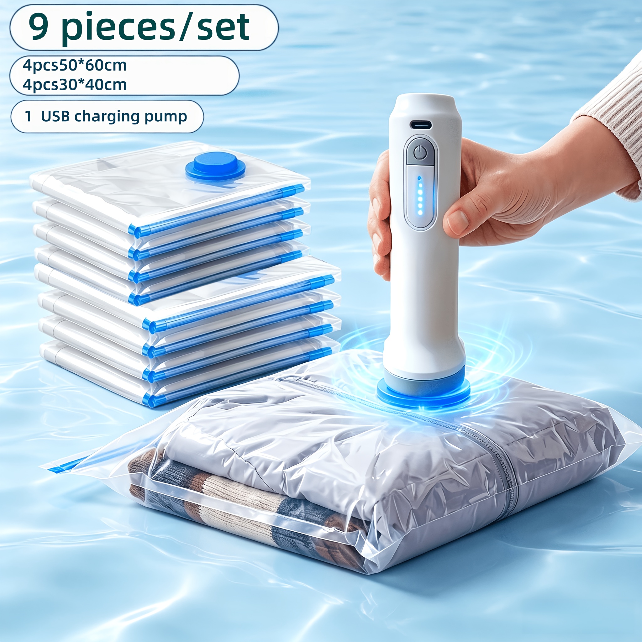 TEMU 9pcs/set Vacuum Storage Compression Bag Set And Rechargeable Handheld Electric Vacuum Pump, Reusable Vacuum Sealing Bags For Clothes, Blankets,