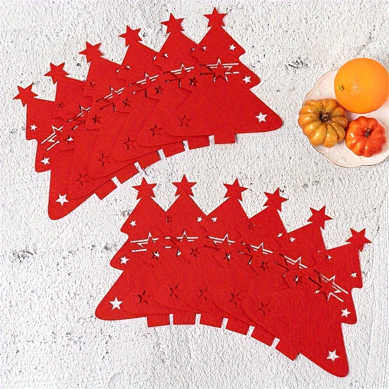 12-pack Christmas Tree Table Mats, Hand Wash Only, Non-woven Polyester Placemats With Solid Color, Design, Tableware Organizer For Holiday Party Decor, Table Setting, And Gift-