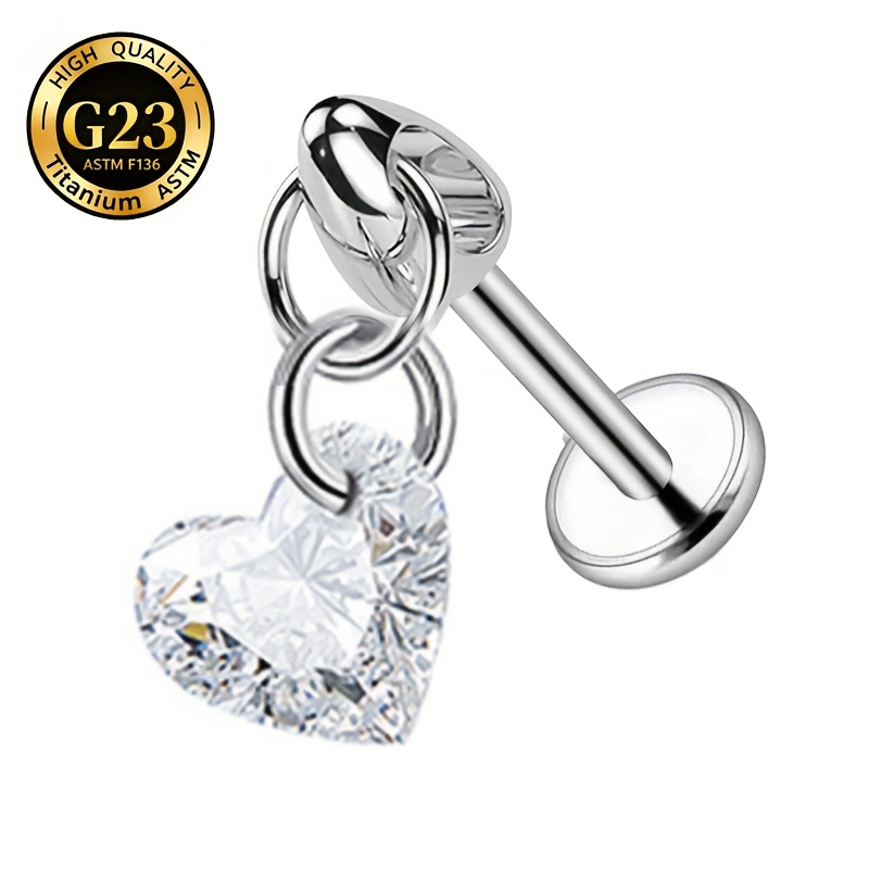 Image of 1pc Heart-shaped Pendant Bar Stud Flat Bottom, G23 Titanium Jewelry, Synthetic Zirconia Earrings, Women's Earrings, Suitable For Studs/lip Studs/nose Studs