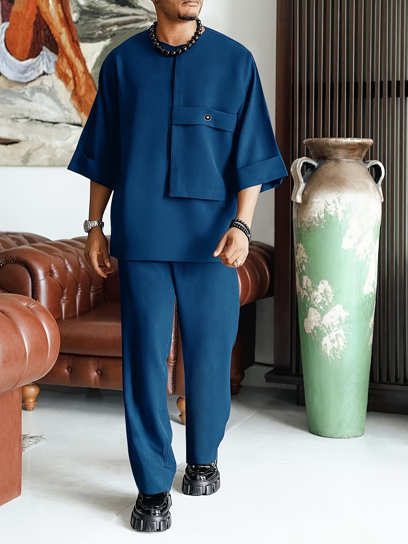 African Traditional Dashiki Set for Men, Solid Color with Pocket Design, Fashionable Short Sleeve + Pants, Essential for Summer Outings and Photoshoots, Wedding/Birthday/Party Celebration Outfit, Trendy Set, Ideal Gift for Family or Friends