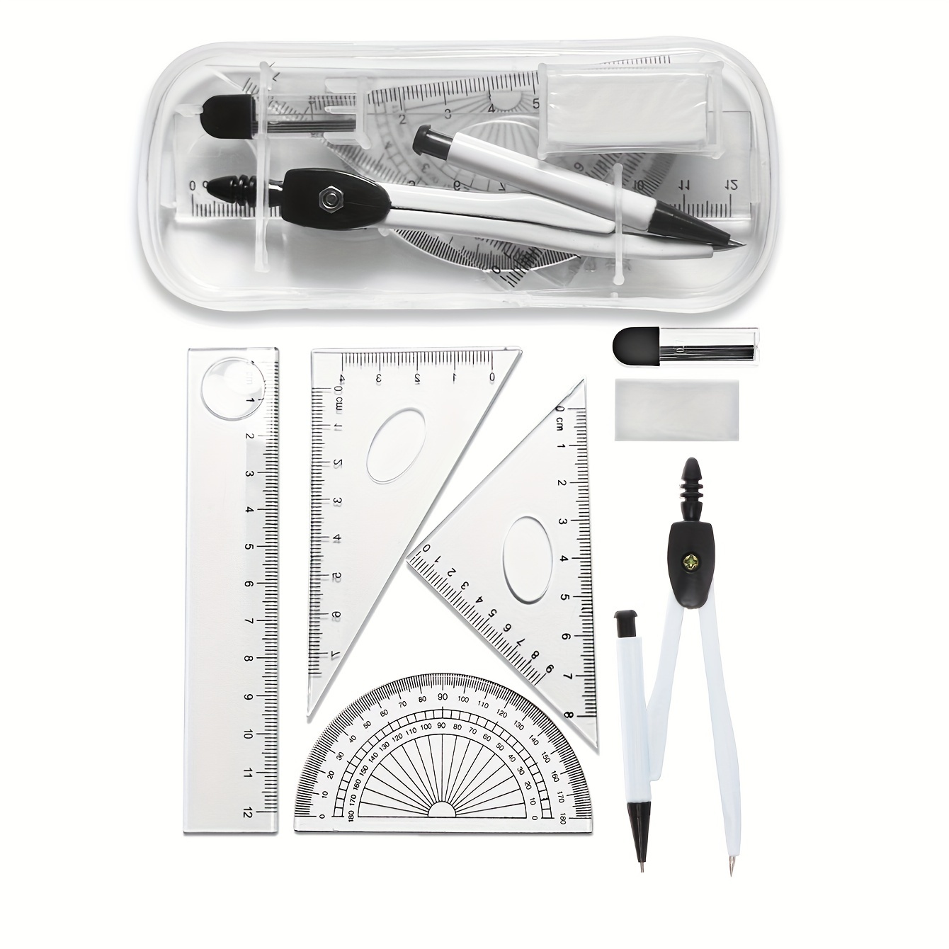 

7-piece Geometry Kit With Steel Compass, Protractor, Triangles, Ruler, Eraser - Math Drawing Tools For Students, Artists & Designers