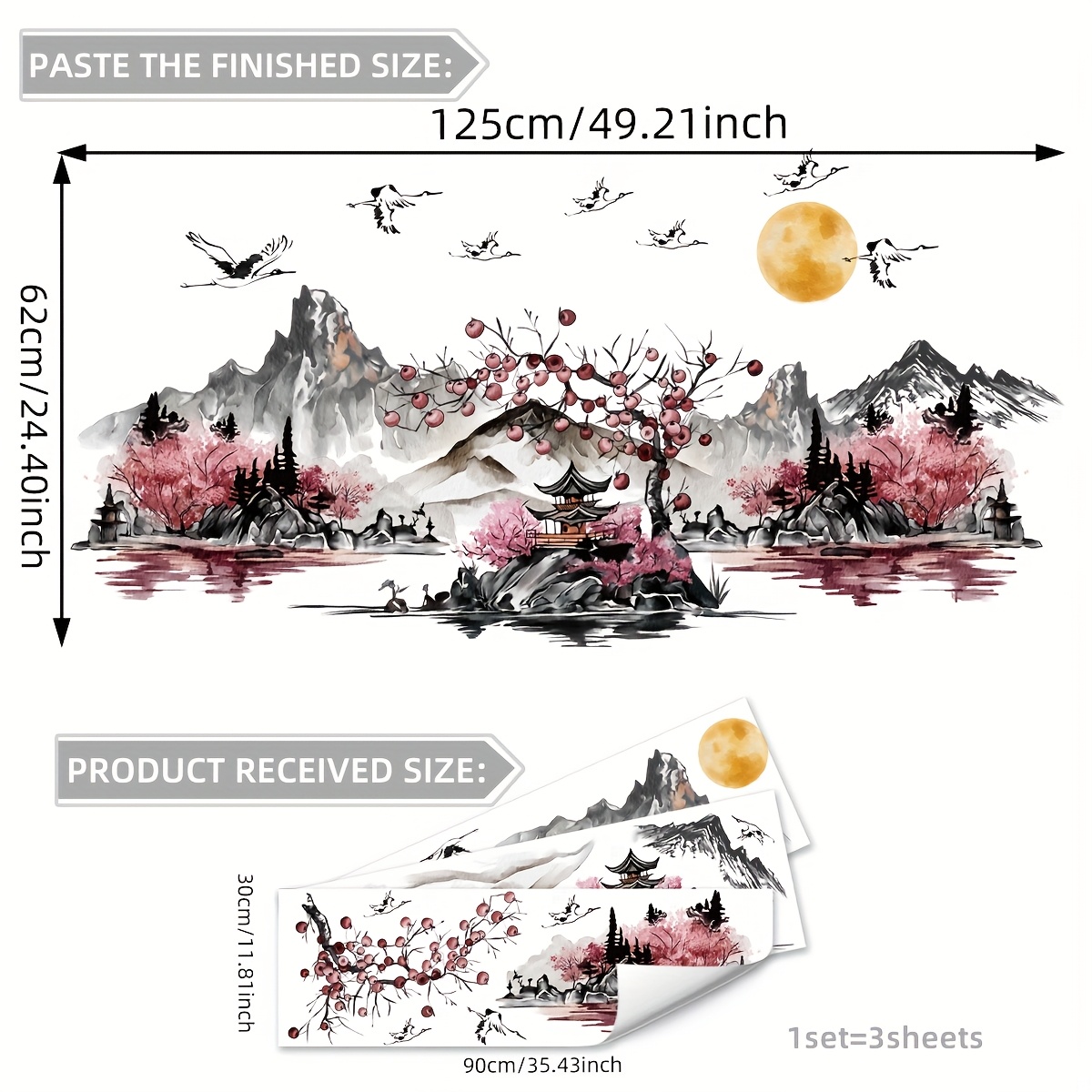 Image of A Set Of 3 (30*90cm*3pcs) New Chinese-style Landscape Ink Wash Wall Stickers For Living Room And Bedroom Decoration (ms7269-yc)