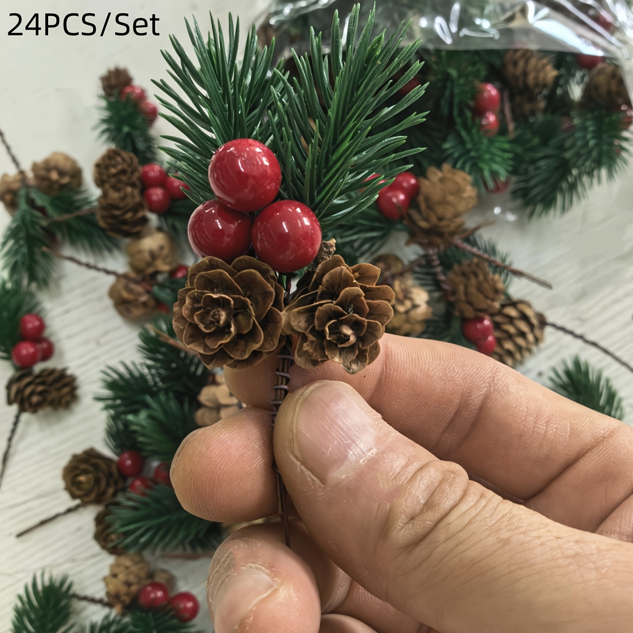 Image of 24pcs Artificial Pine Picks With Red Berries And Plastic Pinecones, Americana Style Pine Needle , Plastic Christmas Craft Greens For Diy Wreaths, Seasonal Decor Without Electricity, Featherless