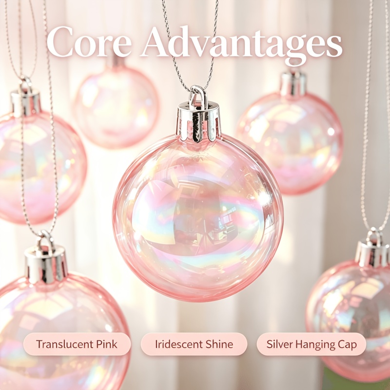 TEMU 6cm Iridescent Pink Clear Plastic Christmas Ball Ornaments, Lightweight Transparent Baubles With Silvery Hanging Caps, Reusable Holiday Hanging