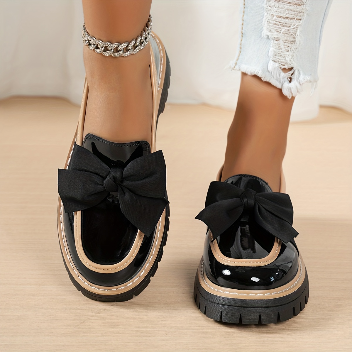 TEMU New Autumn Style Loafers With Bow, Four-, Women's Platform High Heels, Comfortable Lightweight Shoes, Women's Outdoor Student Shoes, Middle-aged