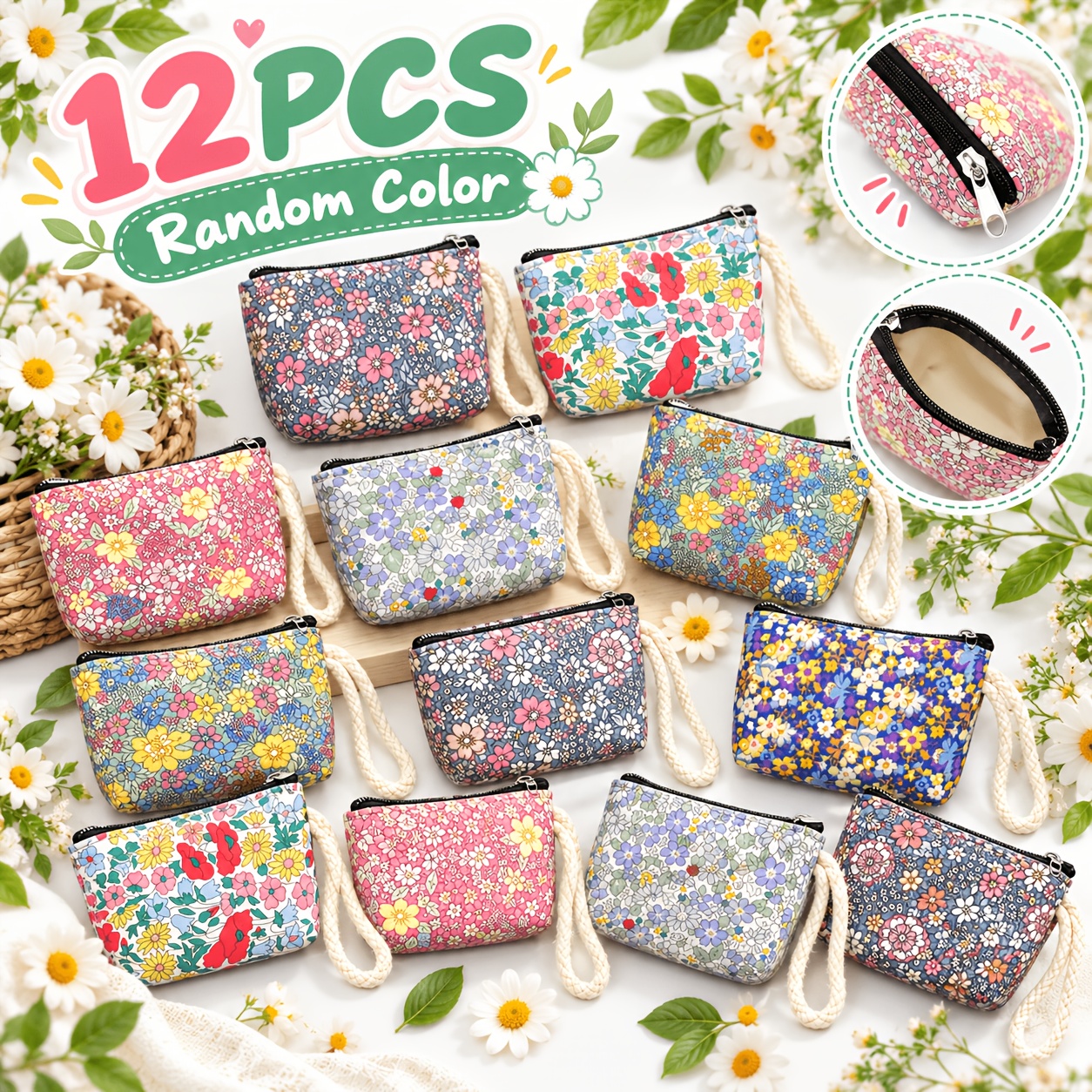 TEMU Toiletry Bag 12pcs - Random Colors/new Floral Print Pastoral Style Coin Purse Wristlet Fabric Small Wallet Women's Clutch Key Pouch
