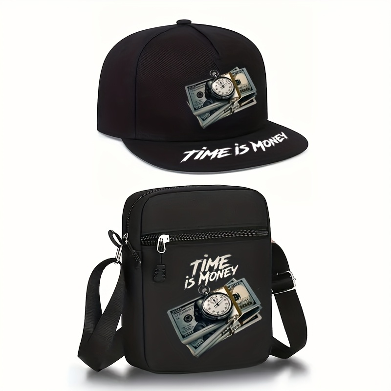 TEMU 2pcs "" Print Unisex Flat Brim Baseball And Crossbody Bag, Street Style Outdoor Sports Hat With Adjustable Strap, Perfect Gift For Yourself Or