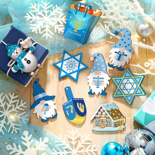 30pcs 10 styles hanukkah gnomes ornaments artificial wood hanging signs with star of david decorations suitable for jewish home party wall decor multi holiday crafts for christmas easter thanksgiving